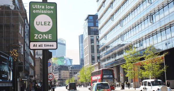 Ultra Low Emission Zone (ULEZ) warning sign central London